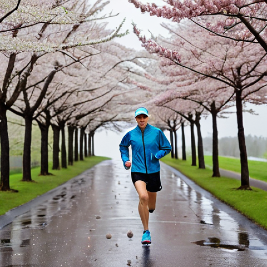 Spring Running Gear**
Prompt: A runner on a paved path during a light spring rain. They are wearing a lightweight, packable, water-resistant jacket, moisture-wicking long-sleeved shirt, running shorts, a visor, and running shoes. Focus on the visibility of the water beading off the jacket. The background shows blossoming trees and a slightly overcast sky. Add puddles on the path. Realistic style.
**