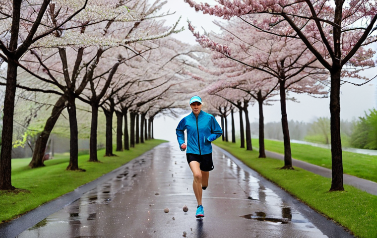 Spring Running Gear**
Prompt: A runner on a paved path during a light spring rain. They are wearing a lightweight, packable, water-resistant jacket, moisture-wicking long-sleeved shirt, running shorts, a visor, and running shoes. Focus on the visibility of the water beading off the jacket. The background shows blossoming trees and a slightly overcast sky. Add puddles on the path. Realistic style.
**