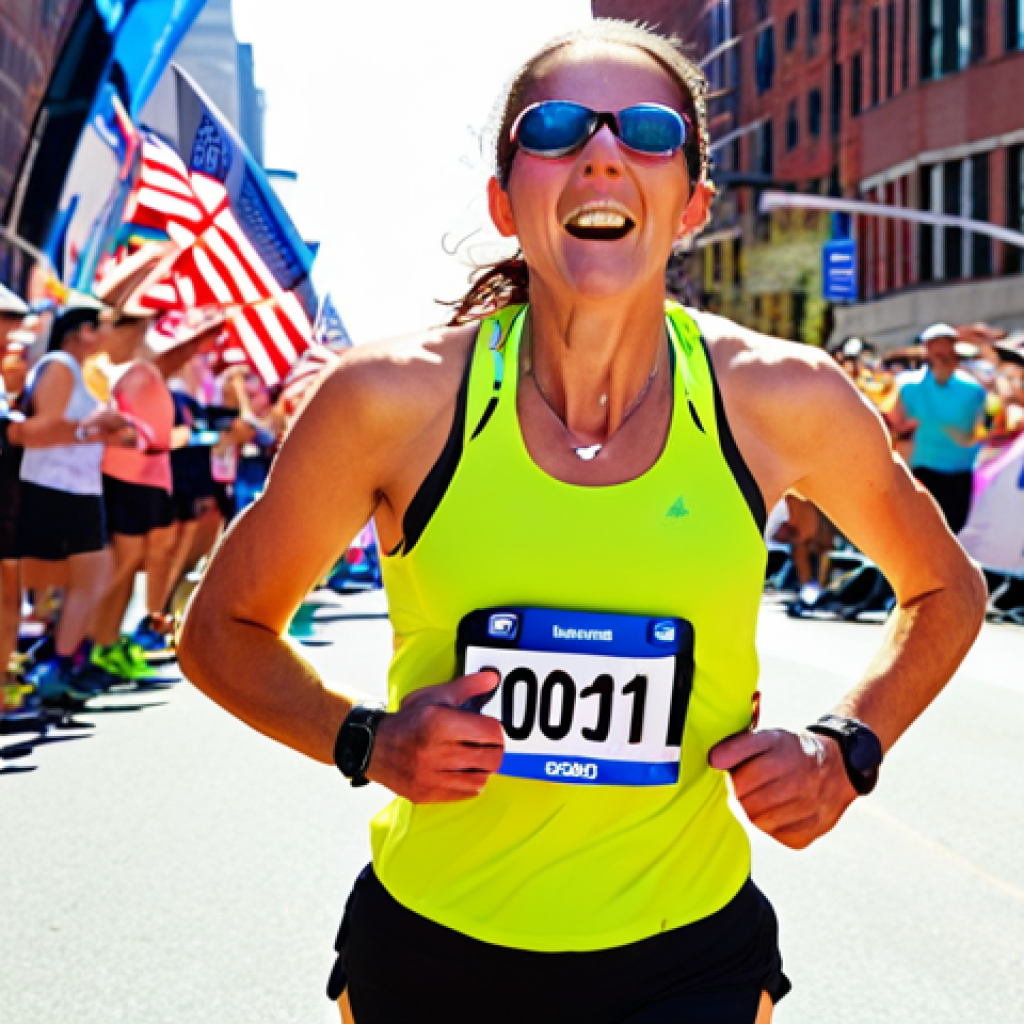 **

Prompt: Runner crossing a marathon finish line, exhausted but triumphant, with a crowd cheering in the background, sunny day, Boston Marathon setting, Garmin watch visible, bright colors, motivational atmosphere.

**