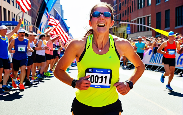 **
Prompt: Runner crossing a marathon finish line, exhausted but triumphant, with a crowd cheering in the background, sunny day, Boston Marathon setting, Garmin watch visible, bright colors, motivational atmosphere.
**