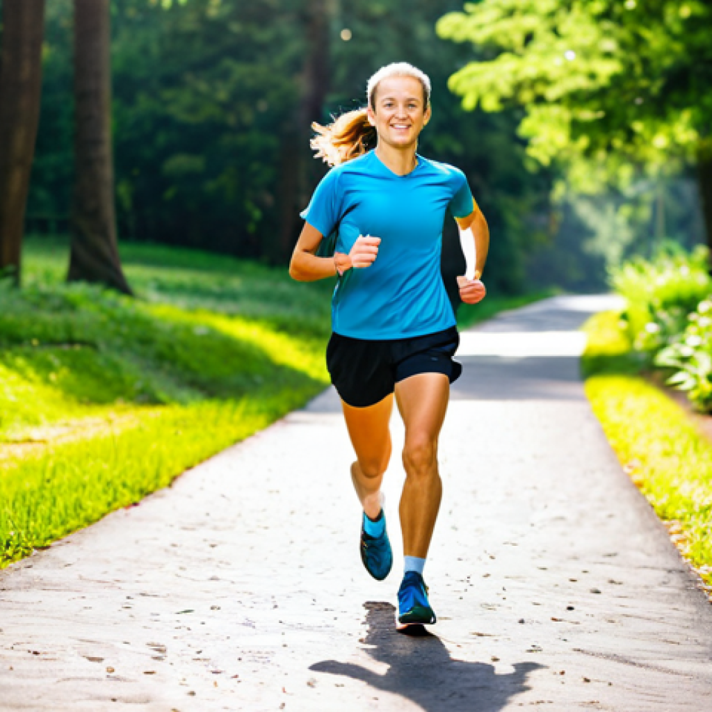 **Subject:** A runner, mid-stride on a sunny paved trail.
**Clothing:** Fully clothed in athletic wear consisting of moisture-wicking shirt and running shorts, athletic socks and running shoes.
**Environment:** A sunny paved trail winds through a lush green park.
**Modifiers:** Professional photography, perfect anatomy, natural proportions, well-formed hands, proper finger count, bright lighting, safe for work, appropriate content, family-friendly, fully clothed.