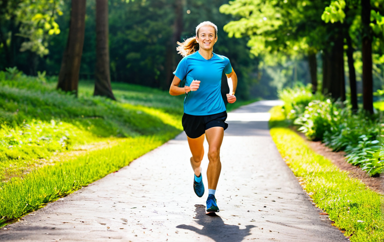 **Subject:** A runner, mid-stride on a sunny paved trail.
**Clothing:** Fully clothed in athletic wear consisting of moisture-wicking shirt and running shorts, athletic socks and running shoes.
**Environment:** A sunny paved trail winds through a lush green park.
**Modifiers:** Professional photography, perfect anatomy, natural proportions, well-formed hands, proper finger count, bright lighting, safe for work, appropriate content, family-friendly, fully clothed.