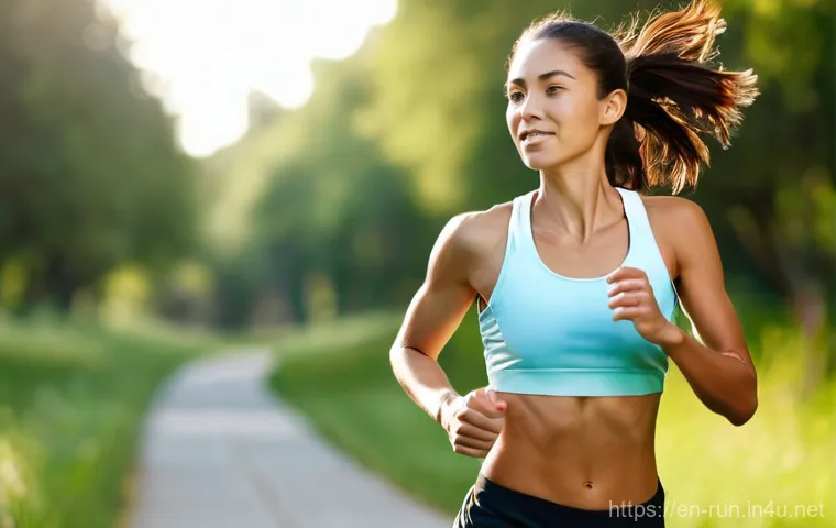 러닝 시 걸음 교정법 - **"Perfect Running Posture"**
A young female runner, dressed in a modest athletic sports bra and...