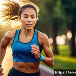 러닝 음악 추천 플레이리스트 - **Dynamic Runner in Motion with High-Energy Music Overlay:**
A determined female runner, mid-str...