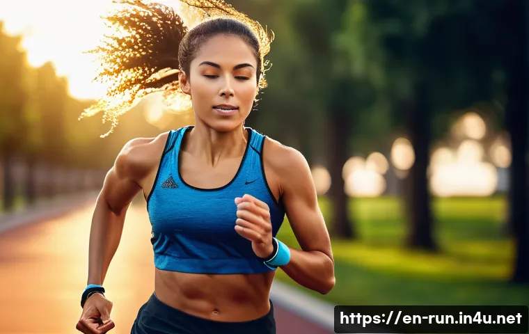 러닝 음악 추천 플레이리스트 - **Dynamic Runner in Motion with High-Energy Music Overlay:**
A determined female runner, mid-str...