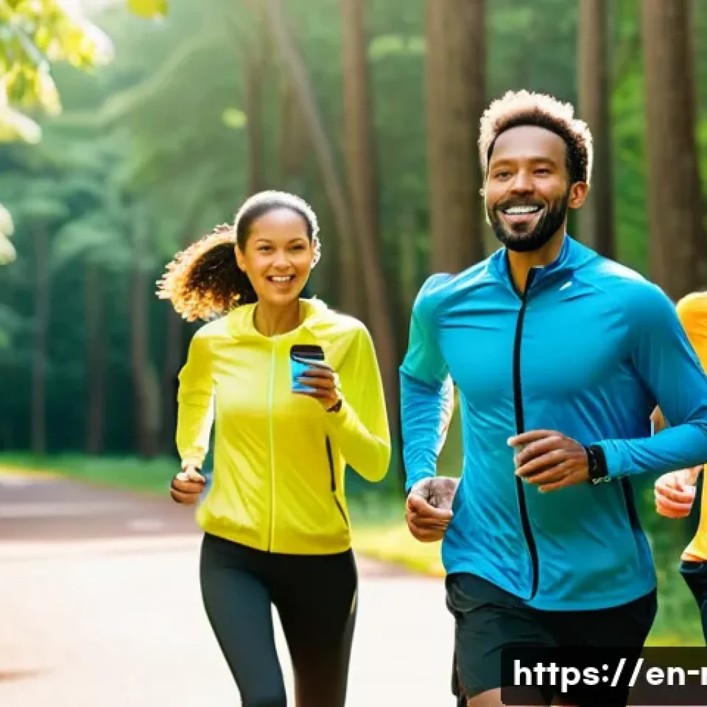 러닝 중 피로 누적 방지 팁 - A detailed scene of a diverse group of runners on a sunny park trail practicing smart pacing techniq...