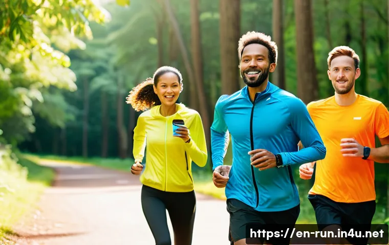 러닝 중 피로 누적 방지 팁 - A detailed scene of a diverse group of runners on a sunny park trail practicing smart pacing techniq...