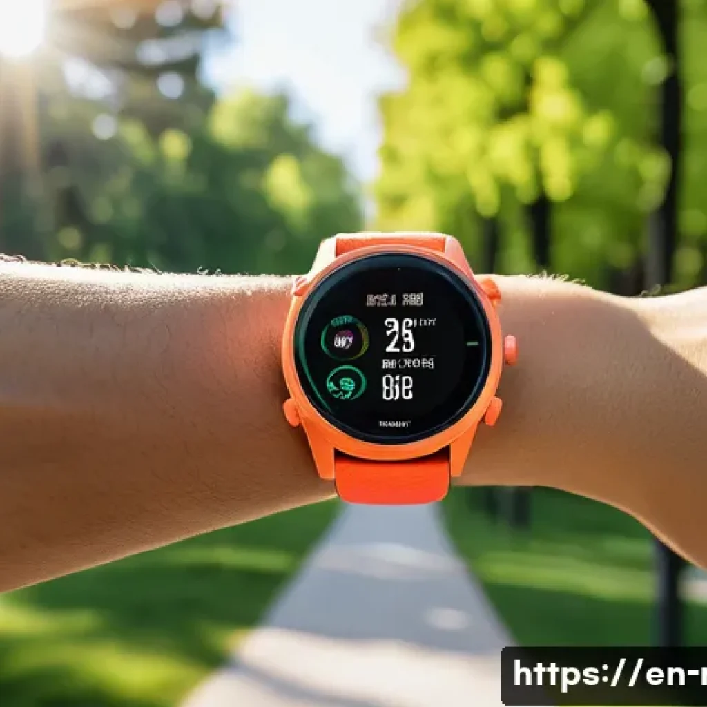러닝 워치 초보 사용 가이드 - A close-up, high-resolution image of a modern running watch on a runner&rsquo;s wrist during an outdoor mo...
