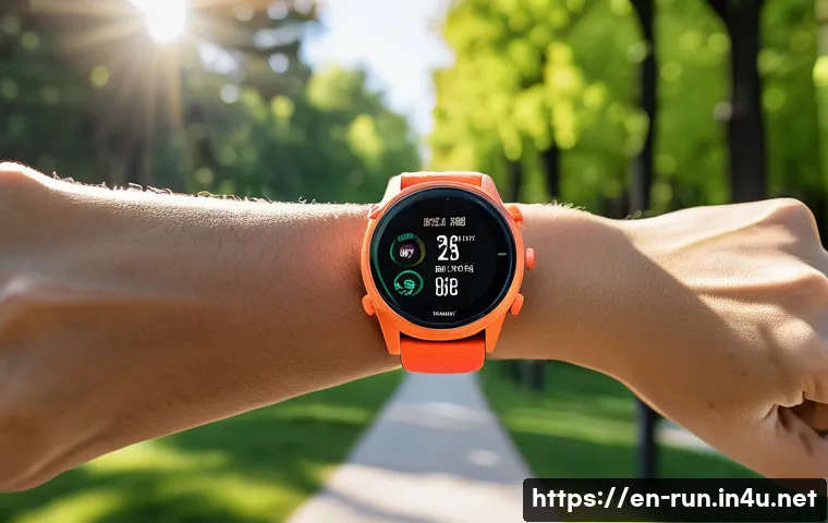 러닝 워치 초보 사용 가이드 - A close-up, high-resolution image of a modern running watch on a runner’s wrist during an outdoor mo...