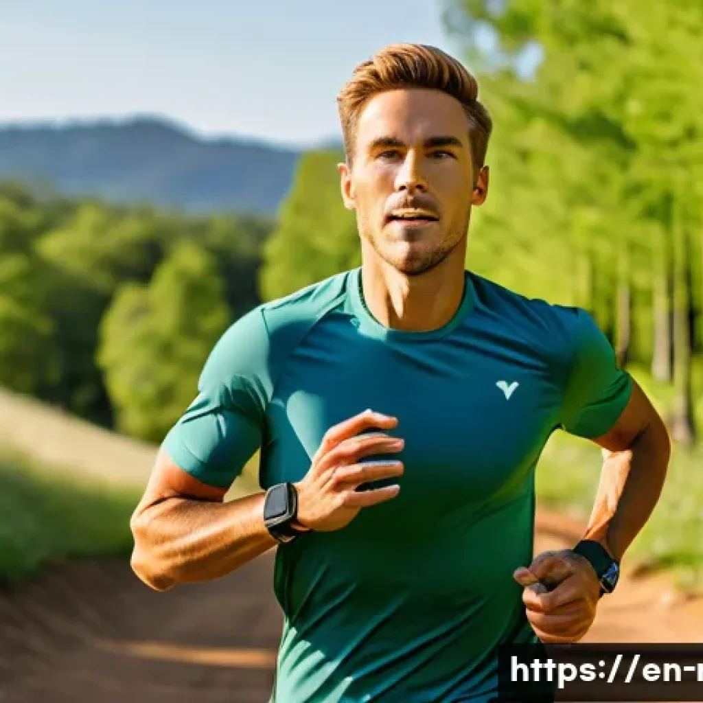 러닝 워치 및 장비 연결법 - A dynamic outdoor running scene featuring a fit adult runner wearing a modern running watch on their...