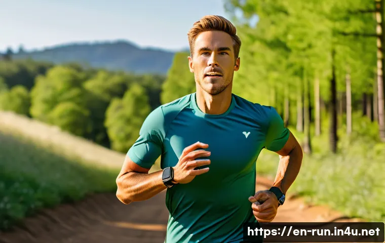 러닝 워치 및 장비 연결법 - A dynamic outdoor running scene featuring a fit adult runner wearing a modern running watch on their...