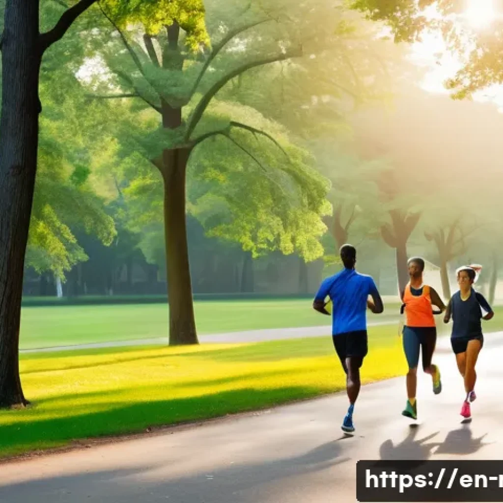 러닝 초보자를 위한 시간 관리 방법 - A vibrant early morning city park scene showing a diverse group of runners warming up with dynamic s...