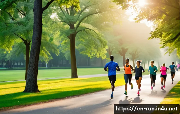 러닝 초보자를 위한 시간 관리 방법 - A vibrant early morning city park scene showing a diverse group of runners warming up with dynamic s...