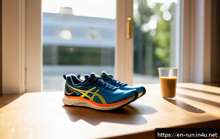 러닝 대회 참가 꿀팁 - A focused runner preparing for a race morning routine in a bright, modern kitchen, wearing comfortab...
