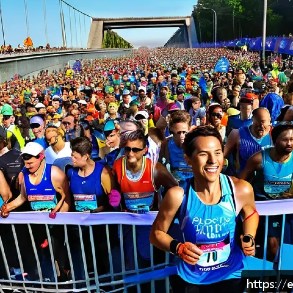 러닝 대회 참가비 비교 - A vibrant city marathon scene at sunrise with thousands of diverse runners wearing colorful athletic...