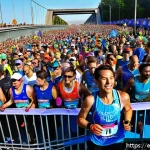 러닝 대회 참가비 비교 - A vibrant city marathon scene at sunrise with thousands of diverse runners wearing colorful athletic...