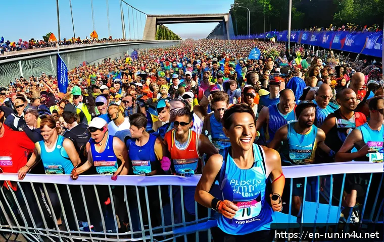러닝 대회 참가비 비교 - A vibrant city marathon scene at sunrise with thousands of diverse runners wearing colorful athletic...
