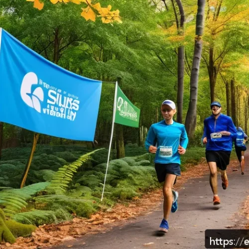 러닝 대회 스폰서십 프로그램 - A vibrant outdoor running event scene in a lush national park during autumn, featuring diverse runne...
