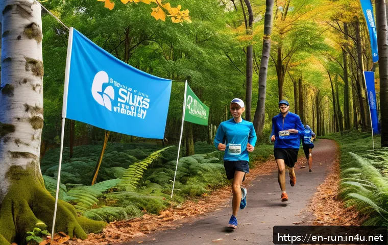 러닝 대회 스폰서십 프로그램 - A vibrant outdoor running event scene in a lush national park during autumn, featuring diverse runne...