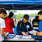 러닝 대회에 필요한 서류 - A detailed scene showing a race registration desk at a marathon event, with a diverse group of runne...