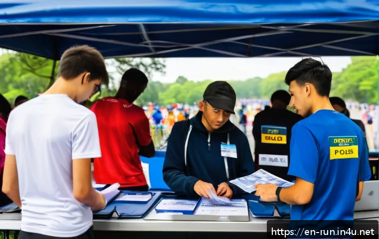 러닝 대회에 필요한 서류 - A detailed scene showing a race registration desk at a marathon event, with a diverse group of runne...