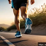 러닝화 무게와 퍼포먼스 상관관계 - A dynamic scene of a long-distance runner on a smooth road during sunset, wearing sleek, ultralight ...
