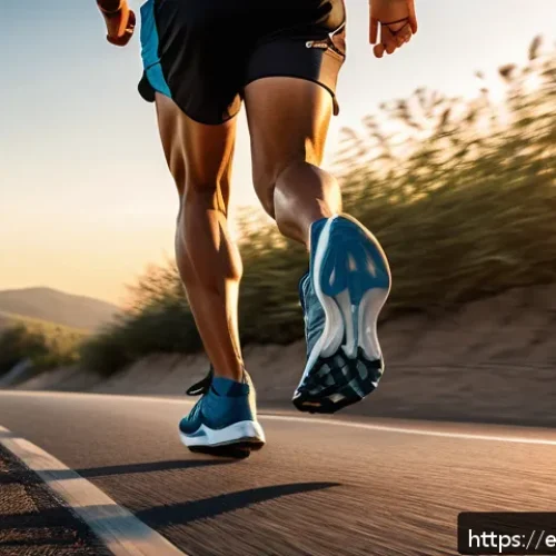 러닝화 무게와 퍼포먼스 상관관계 - A dynamic scene of a long-distance runner on a smooth road during sunset, wearing sleek, ultralight ...