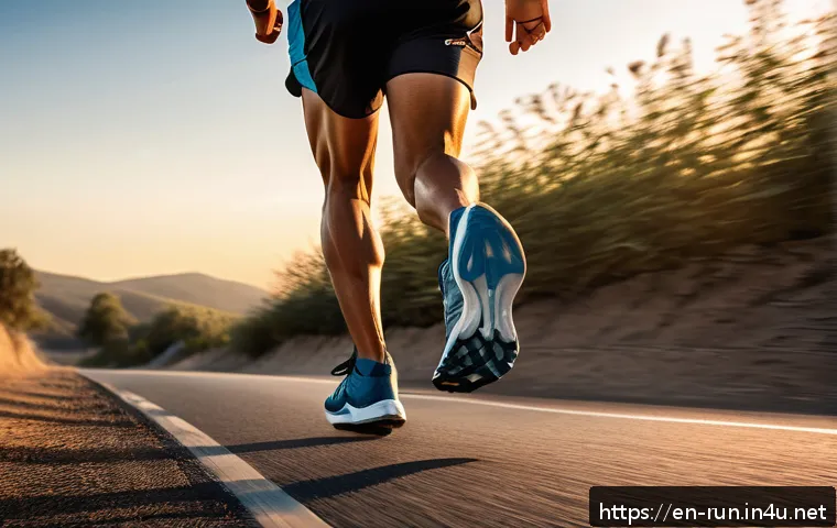 러닝화 무게와 퍼포먼스 상관관계 - A dynamic scene of a long-distance runner on a smooth road during sunset, wearing sleek, ultralight ...