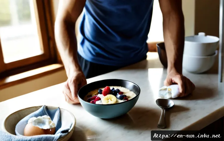 러닝 시너지 효과를 높이는 영양법 - Photorealistic early-morning kitchen scene showing a healthy adult runner in clean athletic clothing...