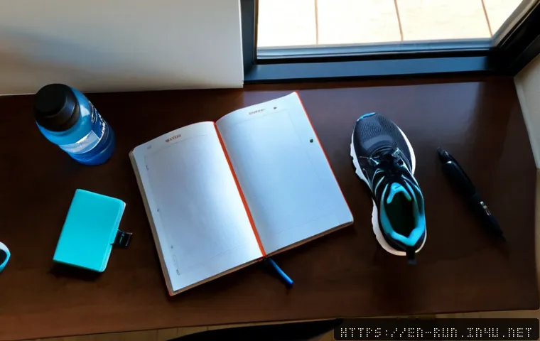 러닝 일지 작성법 - Photorealistic overhead view of a runner’s organized home desk after a morning workout, open blank l...