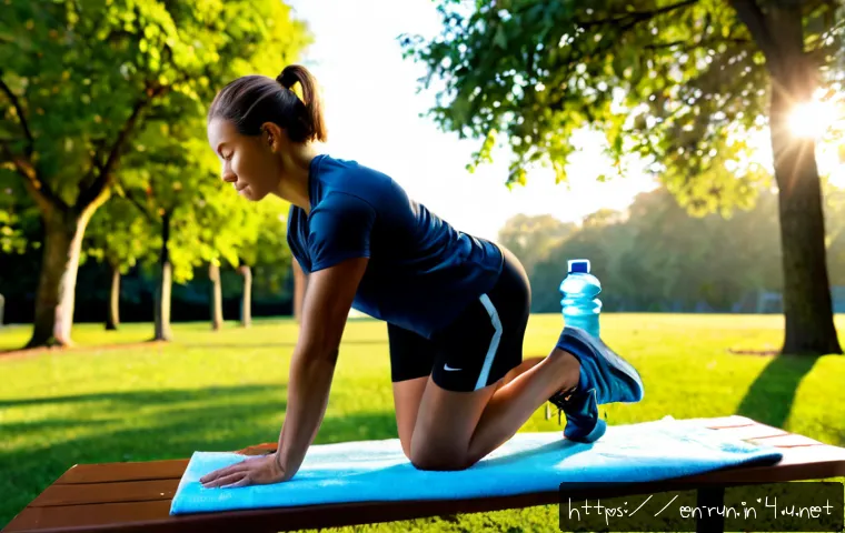 Home 17 러닝 후 근육 회복 방법 - Photorealistic post-run muscle recovery scene, fit adult runner in modest athletic shorts and a brea...